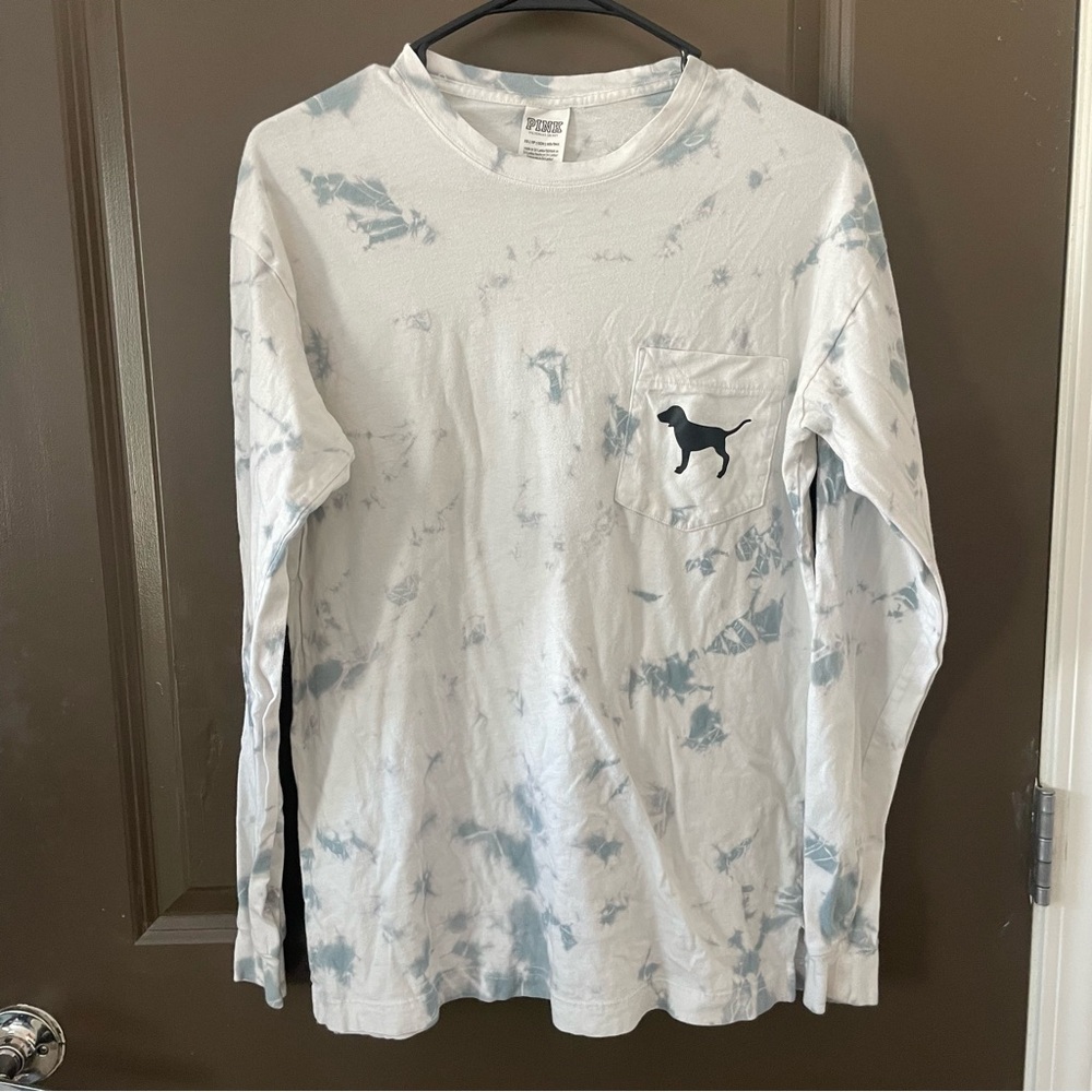 PINK Victoria's Secret White and Blue Gray Tie Dye Long Sleeve Logo Tee Size XS